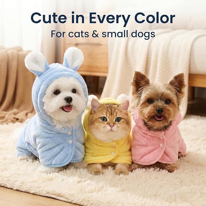 Dog Bathrobe Super Absorbent Towel for Small Dogs Cats Fast Drying Dog Robe Coat with Hood Puppy Cat Bath Towel Wrap Pet Grooming Supplies After Shower (Blue,XS)
