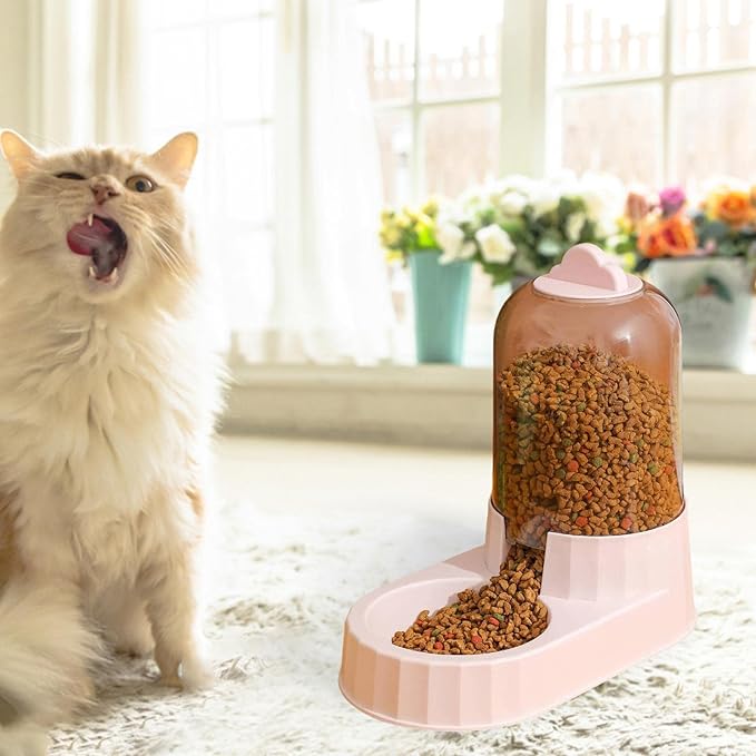 Automatic Feeder, Inclined Feeder with Non-Slip Bottom, Dish Waterer for Puppy Bunnies, Pink Food