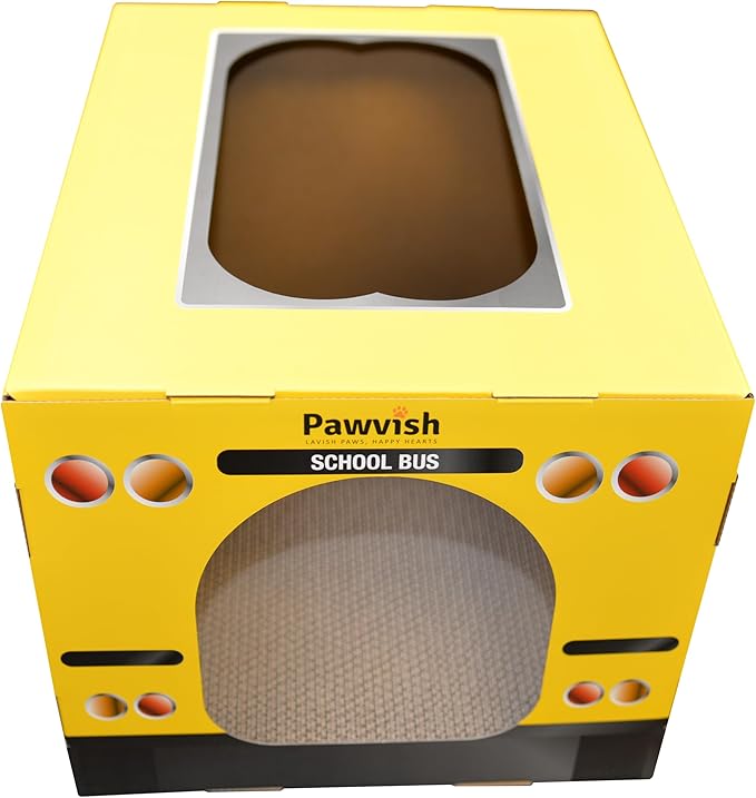 School Bus Cardboard Cat House and Scratcher, Play House, Scratching Pad, Corrugated Hideaway Cave, Cute Kitty Condos Box, Bed for Indoor Cats, Kittens, Bunny, Fur Babies