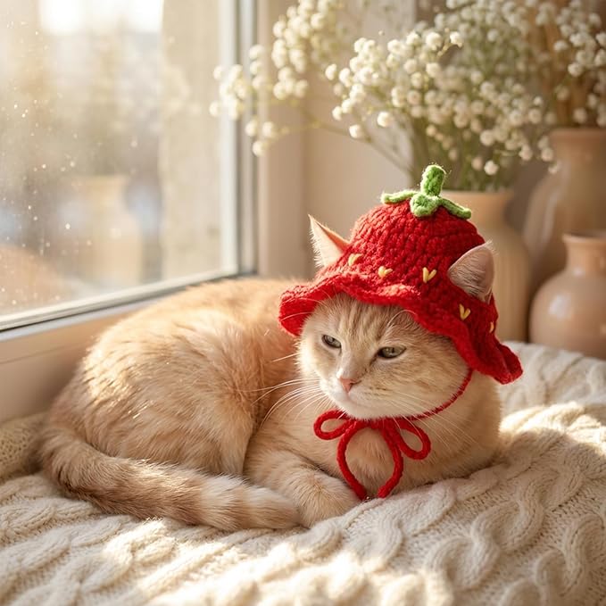 Cat Hats for Cats Only Cute Knit Cat Hat Strawberry Hat with Adjustable Cord Handmade Crochet Cats Clothes Soft Cute Knitted Hats Christmas Party Costume Accessory for Puppy Kitten (Red, Green)