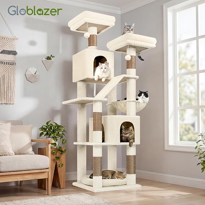 Globlazer 74in Heavy Duty Cat Tree for Large Indoor Cats, Multi-Level Cat Tower with Scratching Post, Cat Condos with Climbing Ladder, Hammock, Extra Large Top Perches, Pet Bed, F74D, Beige