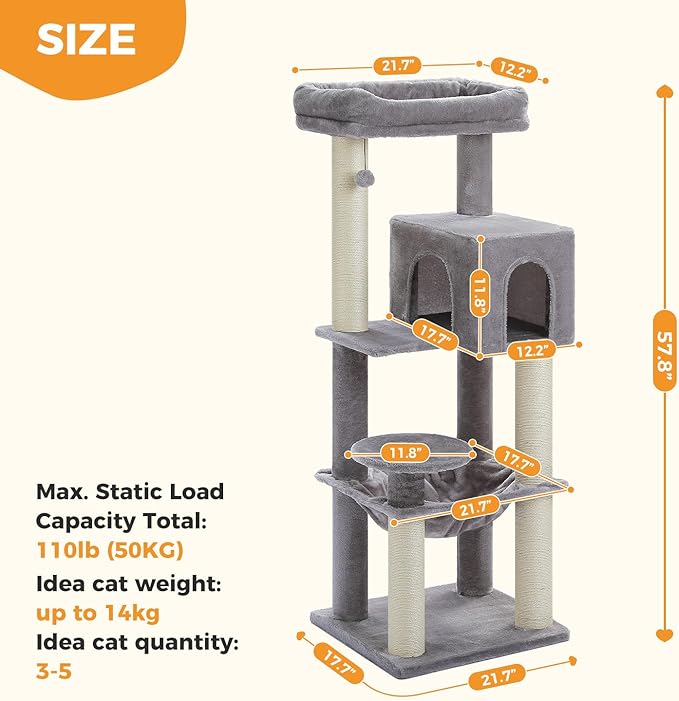 MUTTROS Large Cat Tree for Indoor Cats Large Adult, 57.8" Heavy Duty Cat Tower with Reinforced Scratching Posts (φ3.2in) and Plush Larger Hammock for Maine Coon & Big Cats, Supports 30lbs, Grey