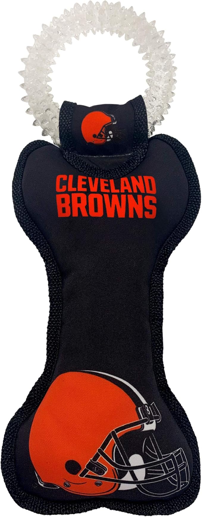 Pets First NFL Cleveland Browns Football Dental Tough Dog TUG Bone Toy with Built-in Squeaker Attached to a Safe Rubber Teething Toothbrush PET Toy, Team Color, 14 x 5 (CLE-3310)