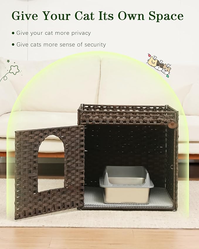 SETVSON Cat Litter Box Enclosure Furniture, Large Hidden Litter Box Furniture, Handwoven Rattan Cat House Cabinet, One Mat, Two S-Shaped Hooks, Living Room, Apartment 21.6 X 26 X 21.6 Inches, Brown