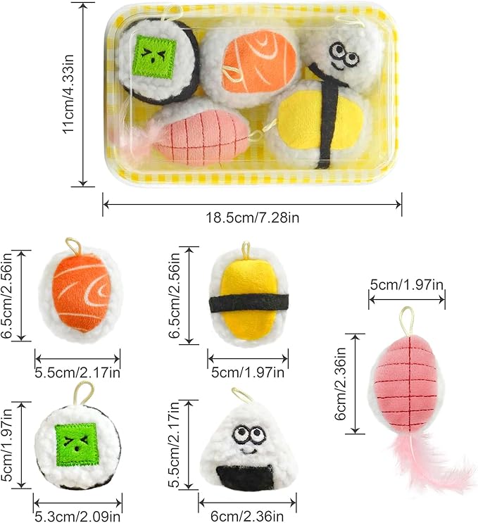Sushi Cat Toy Set 5pcs Cute Soft Funny Sushi Plush Catnip Toys with Bell and Feathers Kitten Teething Chew Toys for Indoor Boredom Relief Interactive Cat Toys Teaser Wand Replacement Accessories