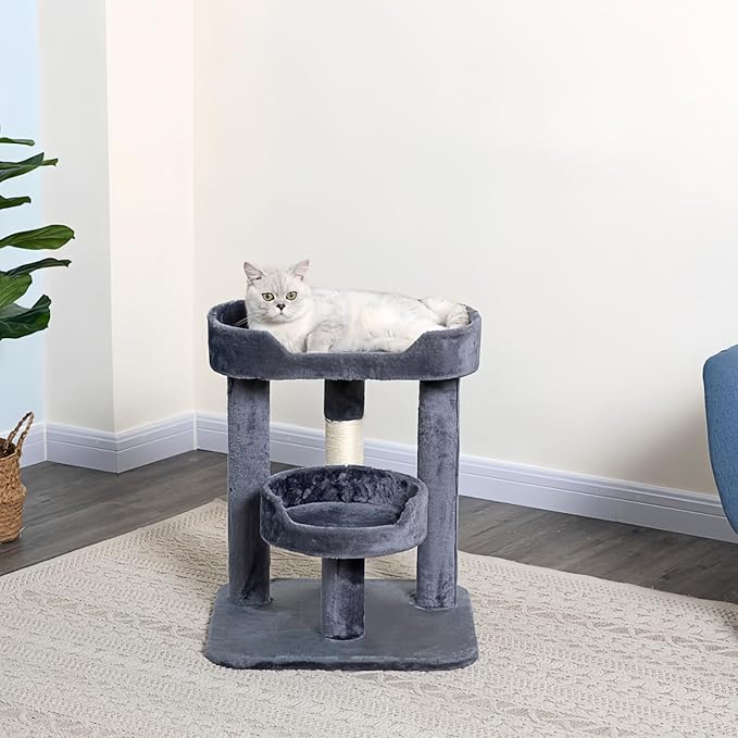 23" Cat Tree Tower with Cat Condos - Large Cat Tree - Cat Tower for Indoor Cats - Play Scratch Hide Climb Activity Furniture with Toy - Gray