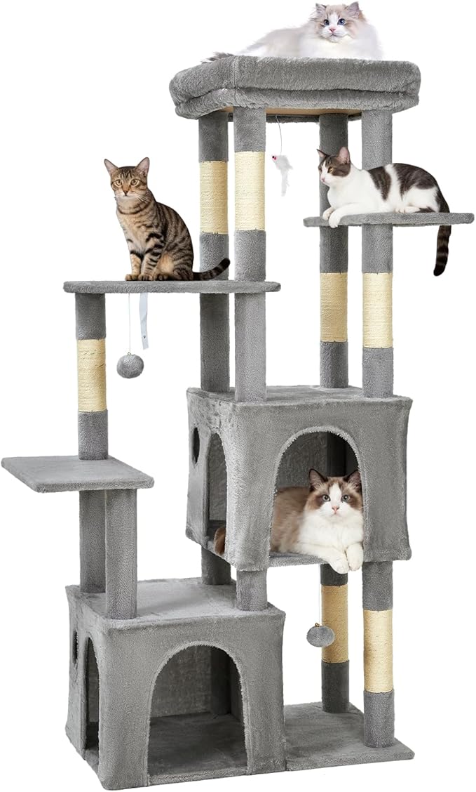61.4 Inch Cat Tree, Large Cat Tower with Sisal Scratching Posts, 2 Spacious Cat Beds, Hanging Ball & Top Perch, Ideal for Large Indoor Adult Cats, Light Gray