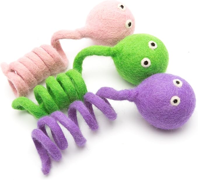 Glaciart One Felt Spring Cat Toy β 3 Pcs Soft Fuzzy Enrichment 100% Natural Wool - Interactive Stretchable Play Set - Safe for Pets, Non-AZO Colored Dyes - 4β Long