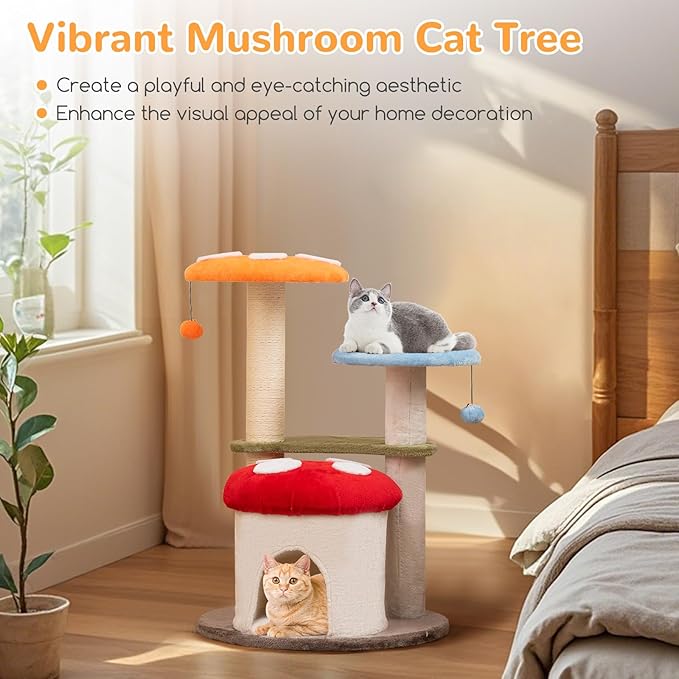 Tangkula Mushroom Cat Tree, 35 Inch Cute Cat Tower with Sisal Scratching Posts, Cat Condo, Padded Platforms, Dangling Balls, Multi-Level Modern Cat Furniture, Activity Center for Indoor Cats & Kittens