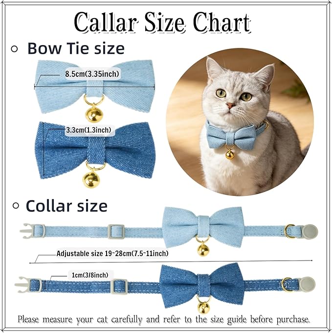 2 Pack Cat Collars with Removable Bow Tie and Bell, Adjustable Denim Kitten Collar, Breakaway Safe Pet Collar for Cats, Puppies.(Adult Cat,Denim Blue)