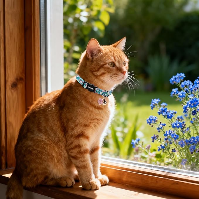 2 Pack Green Flower Cat Collars Breakaway with Bell, DOGWONG Safety Buckle Blue Floral Cute Cat Collar for Girl Boy Cats,Adjustable 7-12 Inch
