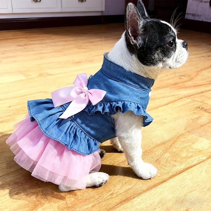 Dog Cat Denim Tutu Dress, Princess Puppy Kitten Outfit with Pearl Bow & Stand-Up Collar, Sleeveless Pet Clothes for Wedding Birthday Party, Easy Front Snap Closure for Chihuahua (Pink-Denim, Medium)