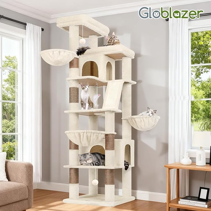 Globlazer Extra Large Cat Tree Tower 80in XXL Tall Cat Tree for Multiple Indoor Cats Large Adult Kittens with Scratching Posts, 2 Widened Perches, Adjustable Baskets, 2 Cozy Cat Condos, S80G, Beige