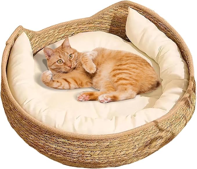 Cat Bed - Woven Pet Sleeping Basket, Cat Basket Bed, Soft Cushion Resting Lounge with Pillow | All Season Animal Relaxation Furniture, Comfortable Indoor Nest Style Sleeping Space | Daily Comfort