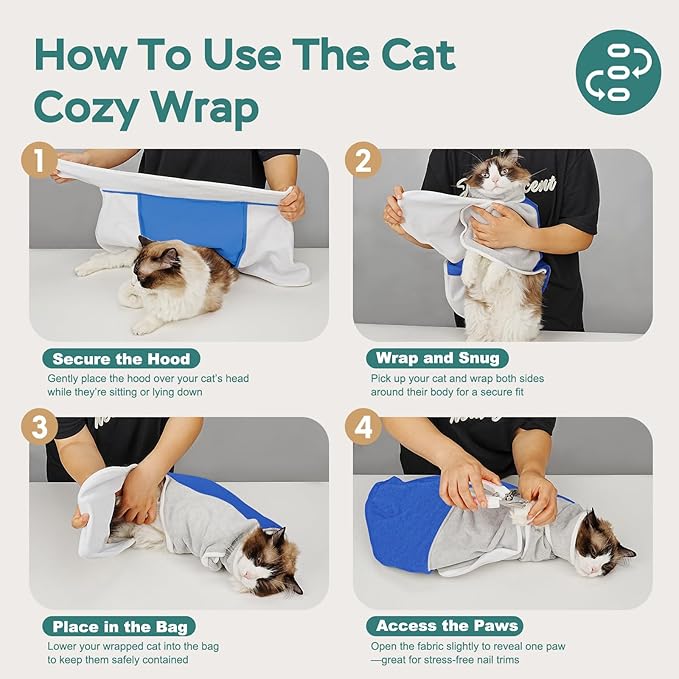 Self-Adhesive Cat Grooming Wrap, Cozy Cat Wrap for Cutting Nails, Breathable Anti-Scratch Cats Swaddle Bag for Brushing, Ear Cleaning, Dental Care, Medication, Injections,Blue L