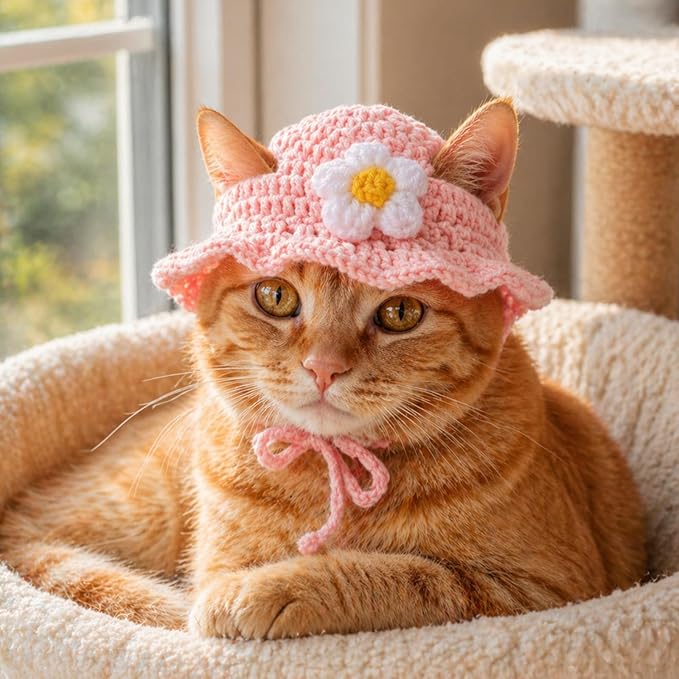 Cat Hats for Cats Only Cute Knit Cat Hat Flower Hat with Adjustable Cord Handmade Crochet Cats Clothes Soft Cute Knitted Hats Christmas Party Costume Accessory for Puppy Kitten (Purple, Pink)