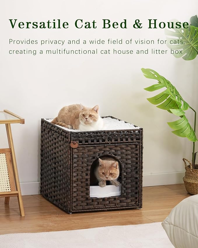 SETVSON Cat Beds for Indoor Cats Extra Large Double Cat Cave Pet Cube, Handwoven Rattan Cat Houses with Double-Sided Soft Cushions, 18.5 x 20.5 x 19.1 Inches Foldable Hideaway in Living Room Brown