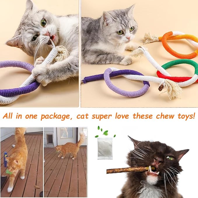 Cat Toys Chew Ropes, Silvervine Sticks Catnip Rope Toys with Refillable Natural Catnip for Cats Dental Care, Safe Teeth Cleaning Toy for Indoor Cat Kitty Kicker Toy Interactive Catnip Kitty Toys