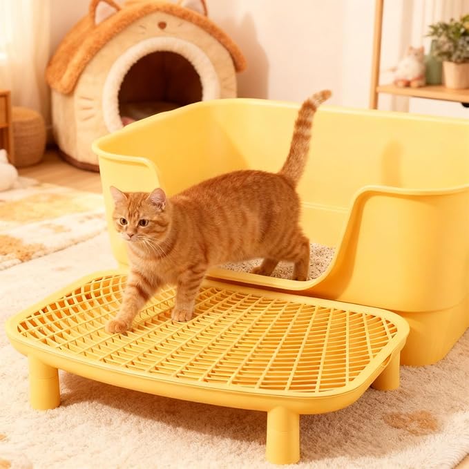 18.1 in Cat Litter Box Platform, Anti-Tracking Step, Yellow, Easy Clean
