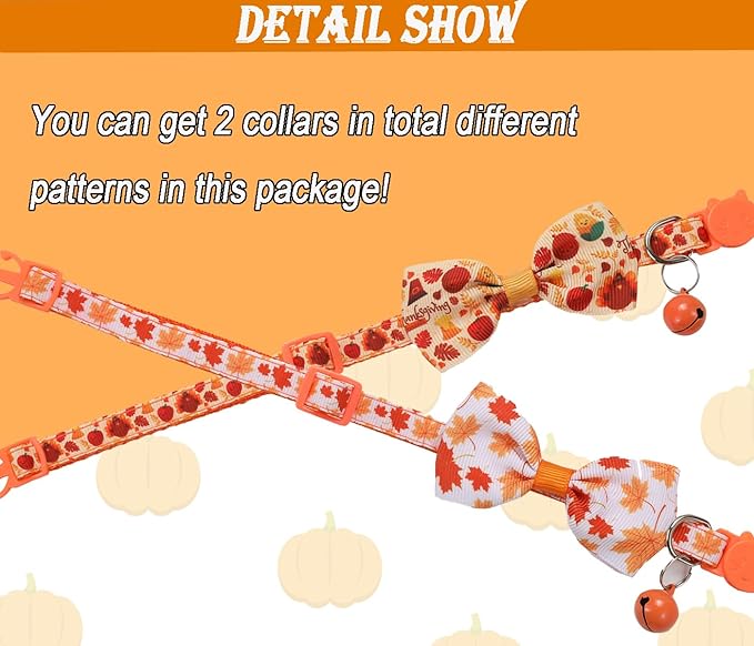 2 Pack Fall Cat Bowtie Collar with Bell, Thanksgivng Holiday Kitty Kitten Collars for Boys Girls Males Female Cats