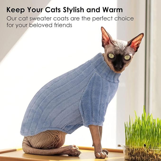 Sweaters for Cats, Hairless Sphynx Sweater Kitten Pullover with Sleeves, Warm and Soft Cat Pajamas Fleece Sweatshirt Jumpsuit, Turtleneck Clothes for Fall Winter, Blue S