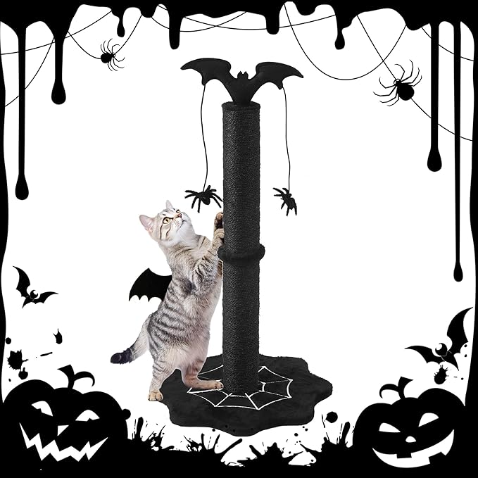 Gothic Cat Scratching Post with Spider Dangling Toys for Indoor Cats, Sisal Scratch Pole, Durable Monster-Themed Scratch Post, Suitable for Kittens and Large Cats, Black