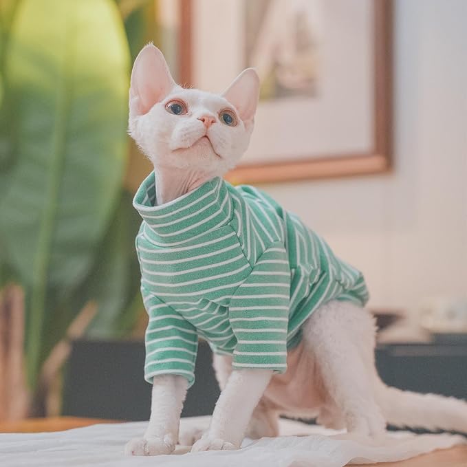 Sphynx Cats Warm Fleece Shirt Cat Turtleneck Undershirt Thermal Hairless Cat Clothes for Sphynx, Devon, Cornish Cat Clothes and Small Kitten and Dogs (Green Bold Stripe, Large)
