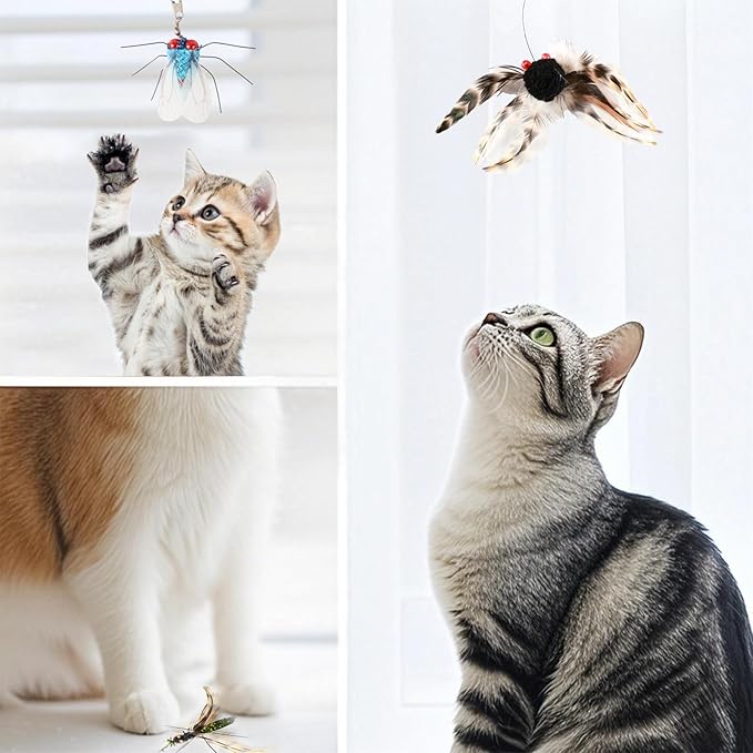 Interactive Cat Toy Bug Toys for Cats 4 Realistic Flying Bugs Cat Wand (4PC Insects Refills)