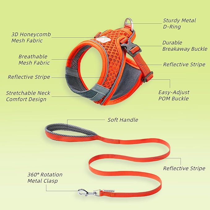 Cat Harness and Leash Set for Comfortable Outdoor Walking, Escape Proof, Adjustable Soft Kitten Vest Harness with Reflective Strip for Cats, Small Dogs (Orange, S)