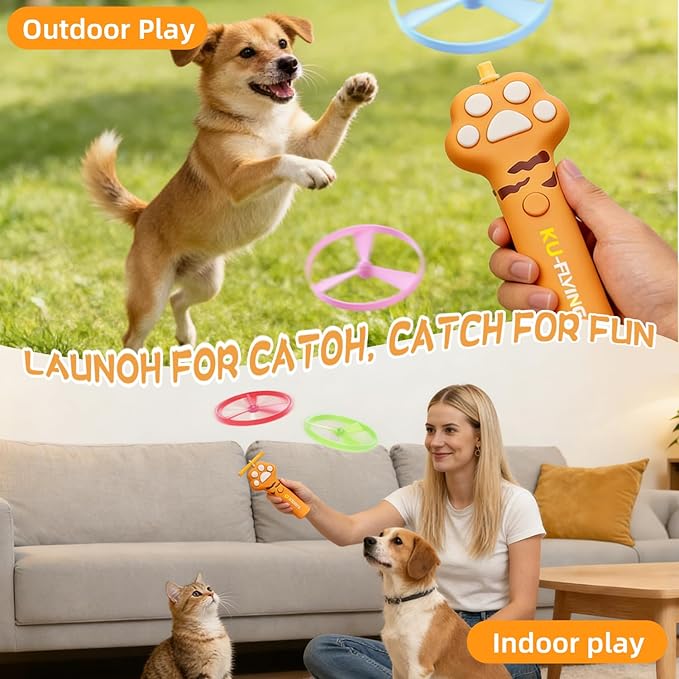 Cat Flying Disc Launcher Toy,Disc Launcher Rechargeable with 6 Flying Discs (3 Glow),Outdoor Toys to Help Pets Lose Weight and Exercise