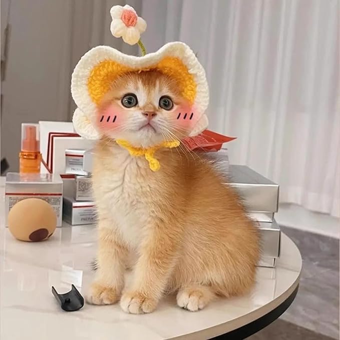 Cute Flower Cat Hat Crochet Collar, Birthday Party Kitten Costume for Puppy, Pet and Small Animals(Yellow, Medium)