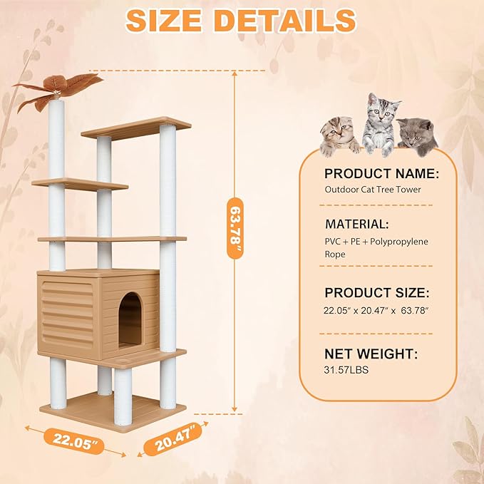 63 Inches Tall Cat Tree for Outdoor and Indoor Cats, Weatherproof Large Cat Condo with Scratching Posts