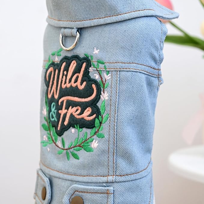 Dog Denim Vest Harness with D-Ring, Jean Jacket for Small Dogs & Puppies, Adjustable Pet Clothes for Chihuahua Yorkie Poodle, “Wild & Free” Embroidered Outfit(S)