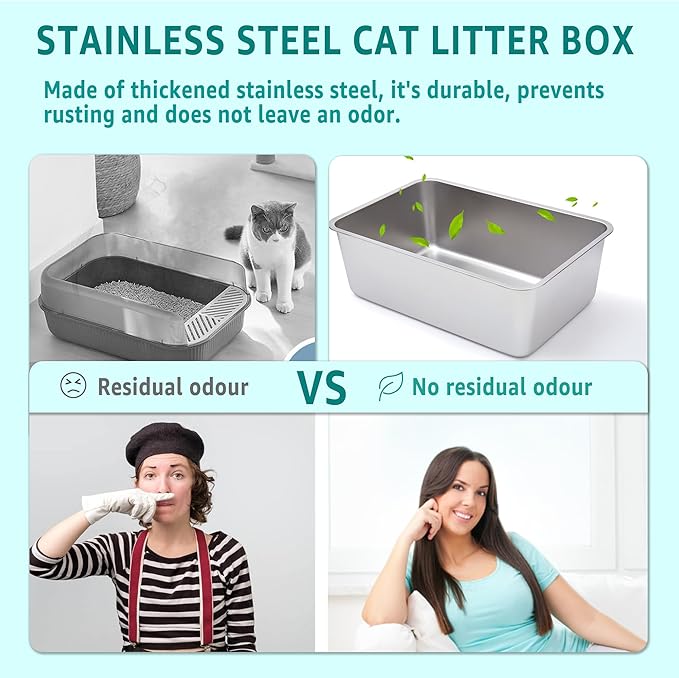 Stainless Steel Litter Box, 4IN Deep Cat Litter for Small Cats, Metal Litter Box Low Sided, No Smell, Non Stick, Easy Clean, Odor Proof, Indoor Outdoor