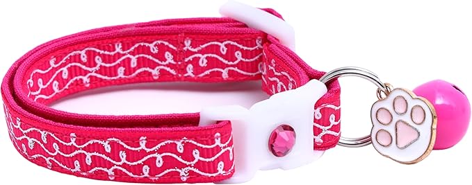 Striped Cat Collar with Bell | Safety Breakaway Collar | Adjustable Large Size or Kitten Collar (White Squiggles on Pink, Small(10lbs & Less))