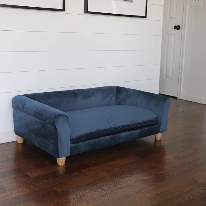 CRITTER SITTERS 42-in. Elegant Navy Faux-Velvet Rectangular Dog Sofa for Medium and Large Dogs, Elevated Plush Dog Couch