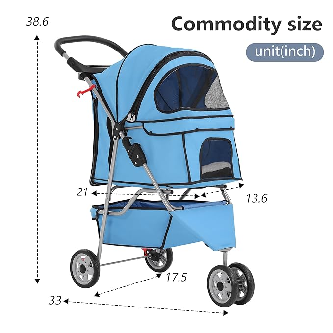 FDW Pet Stroller 3-Wheel Durable Foldable Cat Dog Stroller with Washable Liner Storage Basket Cup Holder,Blue