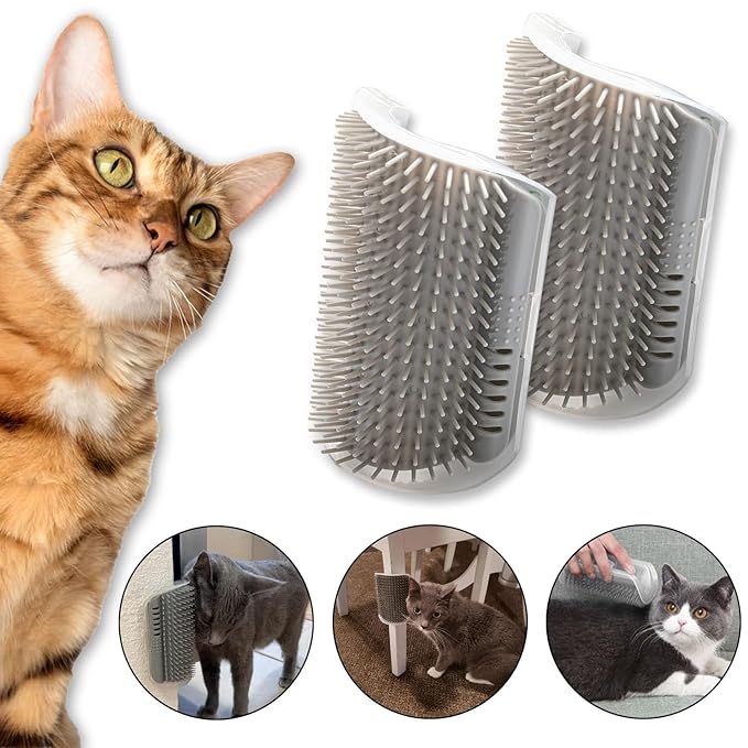 Cat Self Groomer – Wall Corner Grooming Brushes for Cats and Small Pets – Soft Massage Brush for Shedding Control and Face Rubbing (Grey)