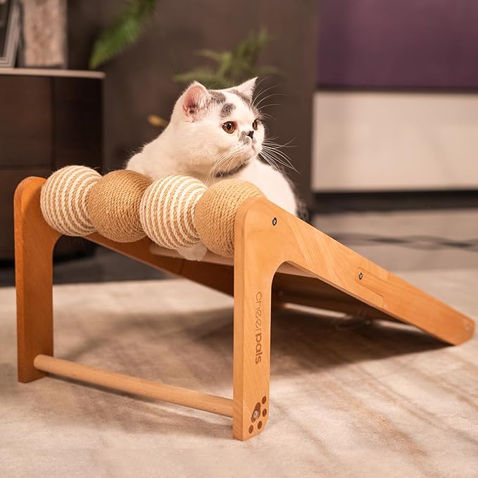 CHEERHOME PETS Sisal Cat Scratcher Ramp with Balls, 24.8" L Shape Cat Scratching Post Climbing Scratch for Indoor Cats, Solid Wooden Cat Furniture(Large)