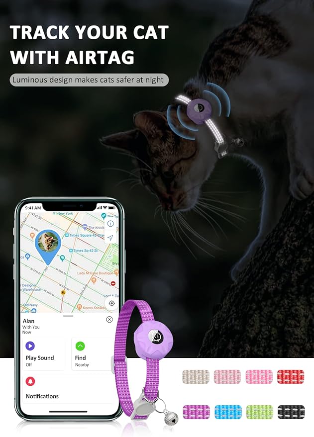 Apple AirTag Cat Collar, GPS Tracker Kitten Collar with Reflective Breakaway Holder and Bell, Lightweight for Cats & Kittens (Purple)