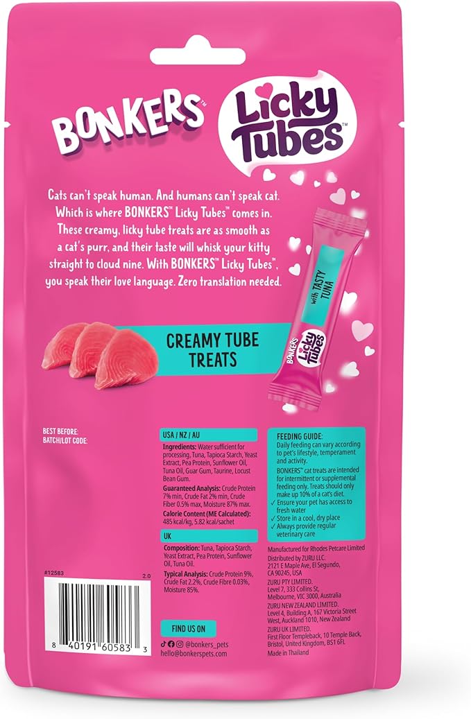 Bonkers Licky Tubes Tuna Flavored Wet Lickable Treats for Cats, 4 Pack (Pack of 15)