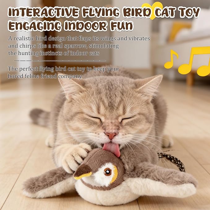 Interactive Chirping Bird Cat Toys - Flying Birds Cats Toy with Flapping Wings, Realistic Electric Sparrow Pet Plush Toys, Relieving Boredom Flying Bird Cat Toys for Indoor Cats