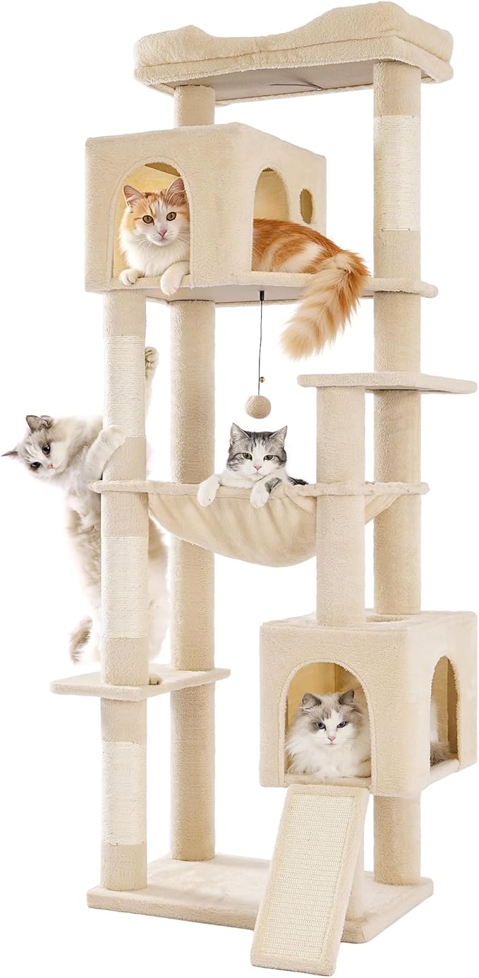 XXL Large Cat Tree Tower 70in Tall Heavy Duty Cat Tree for Maine Coon and Big Cats 20 lbs+,Enlarge Top Bed and Hammock, 2 Oversized Condo House with Scratching Posts-Beige