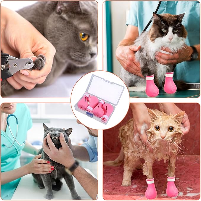 Gosknor 4pcs Cat Feet Covers, Adjustable Anti-Scratch Anti-Bite Silicone Kitten Paw Claw Caps Boots for Nail Trimming Bathing Checking Multifunctional Pet Grooming Protector Products (Pink)