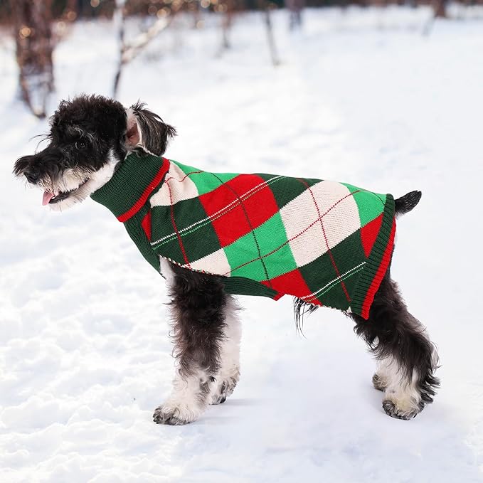 KOOLTAIL Dog Christmas Sweater Pet Knitted Clothes - Classic Plaid Pull Over Turtleneck Dog Sweaters with Leash Hole Warm Dogs Winter Clothing for Small Medium Dogs Cats Puppy Boy Girl Red & Green XS