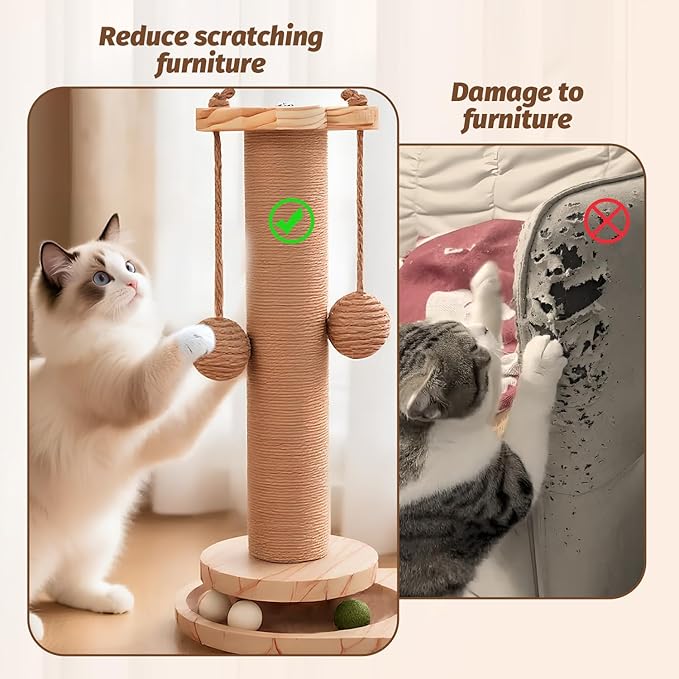 4 in 1 Cat Scratching Post. Wooden Kitten Scratching Post. Kitten Toys for Indoor Cats with Leaky Food Ball and 2 Sisal Hanging Balls. 15.7" Cat Scratcher with 2 Cat Ball Tracks for Kittens