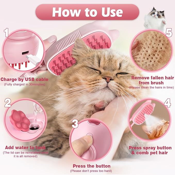 Pet Steam Brush for Dogs and Cats, Spritz Defur Comb 3 in 1 Pet Rechargeable Steam Brush Tool for Long and Short Haired Cats and Dogs, Anti-Static, Shedding, Detangling, Massage & Combing (pink)