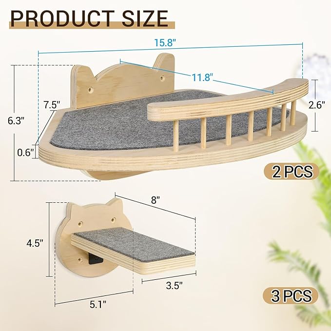 Cat Wall Shelves Furniture Set with Scratching Pad,Wooden Cat Climbing Wall Systems with 2 Perches and 3 Steps, Floating Shelves Bed Wall Mounted for Indoor Fit Up to 15Lbs (Burlywood)