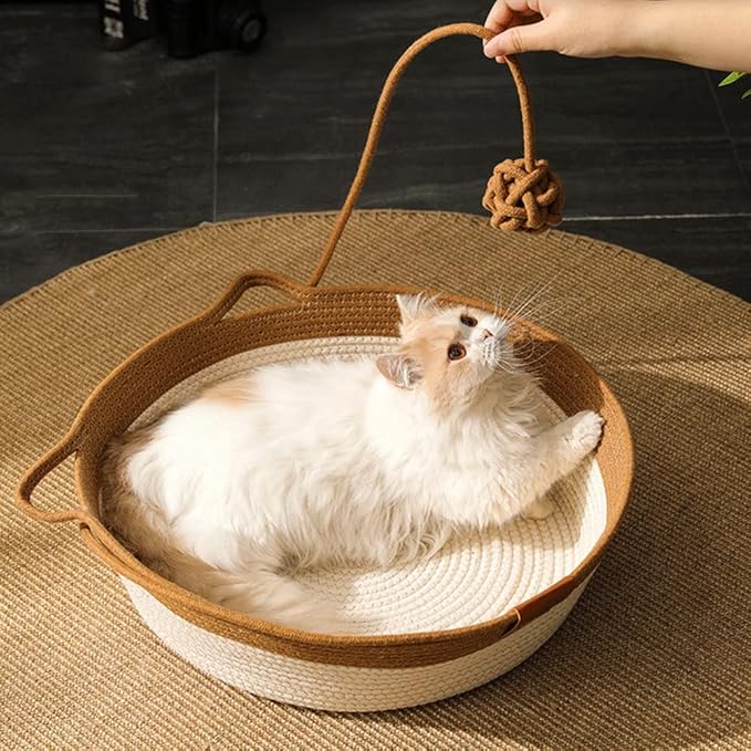 Handwoven Cotton Rope Cat Bed - Breathable & Easy to Clean, Foldable Scratchable Hammock with Cat Ear Design, with a Playing Ball for Kittens Brown