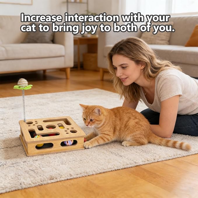 Cat Scratch Puzzle Enrichment Box,Cat Nail File Enrichment Box,No Assembly Required,Built-in Sandpaper Trims Your pet's Claws as They Play(Burlywood Color)